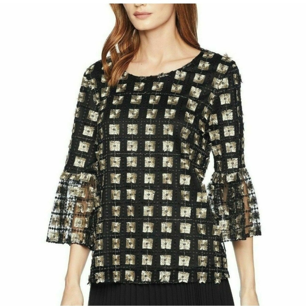 NEW Calvin Klein Black Gold Applique Bell Sleeve Top Blouse Black Size L